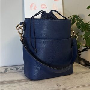 K.Carroll Navy Blue Faux Leather Bucket Bag – Crossbody Strap, Used Like New